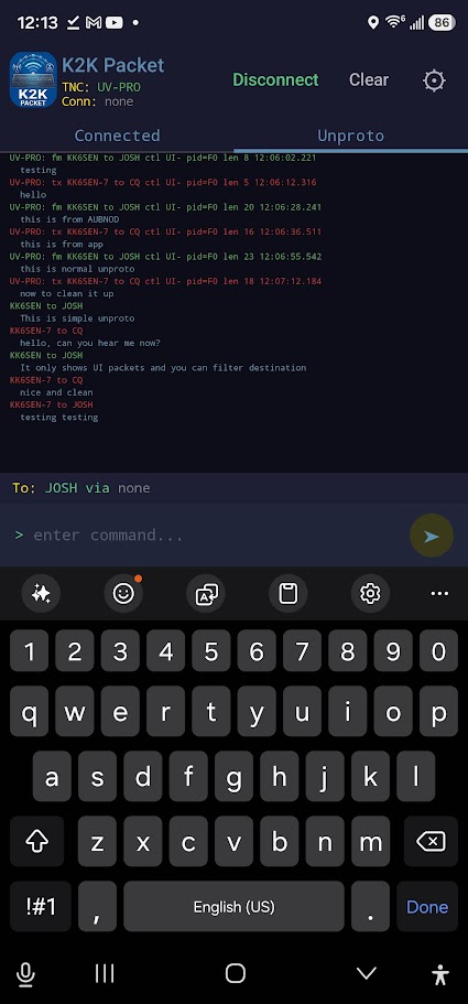 K2K Packet packet list screen