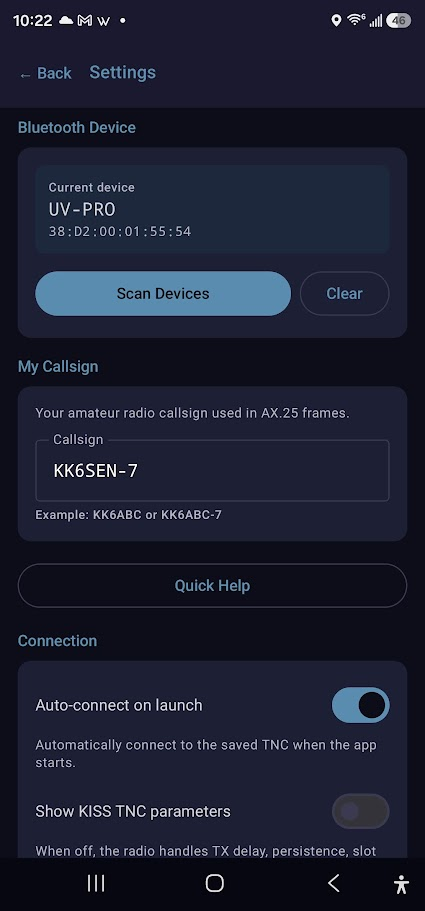 K2K Packet settings screen