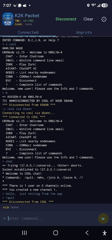 K2K Packet terminal screen